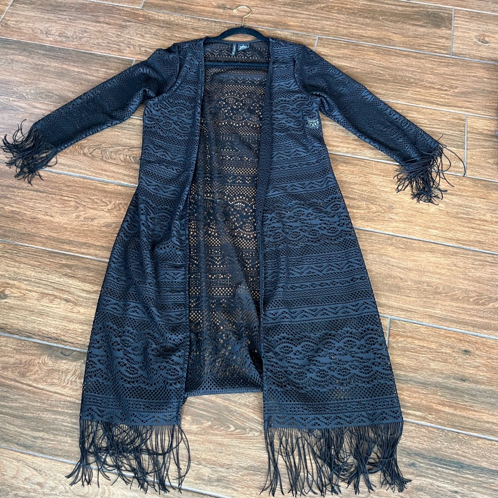 new directions Black Crochet Fringe Open-Front Cardigan